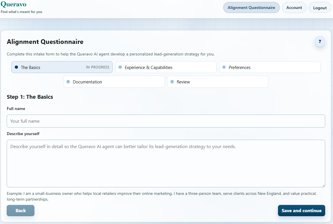 Queravo Alignment Questionnaire showing where users define their goals, background, and preferences.