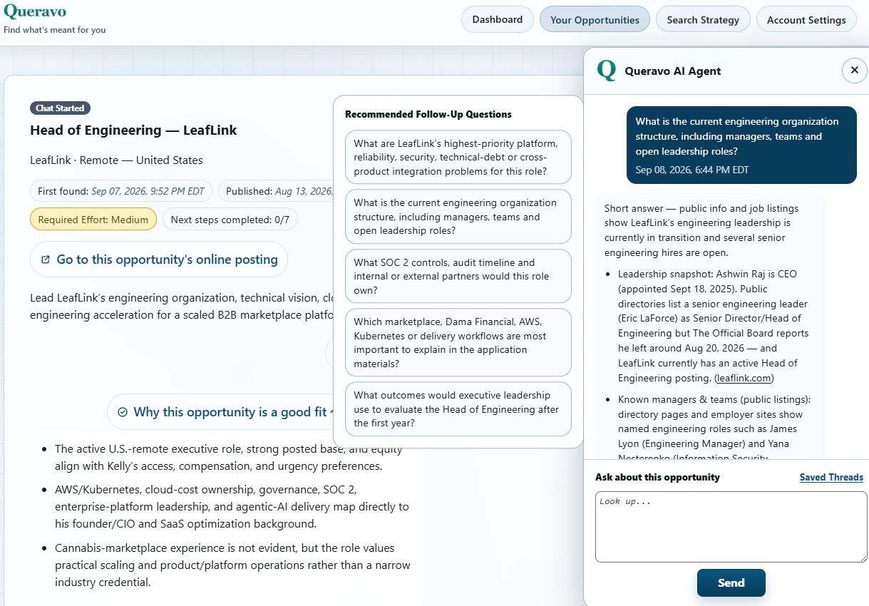 Queravo opportunity detail view showing fit rationale, gap analysis, pursuit guidance, and AI Agent follow-up chat.